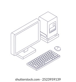 Ilustração vetorial de um monitor e uma unidade de sistema em projeção isométrica: design moderno e elegante de equipamento de computador, feito em gráficos minimalistas, que é adequado para projetos