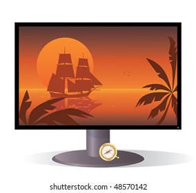 vector illustration of the monitor with tall ship of XVIII  century at sunset