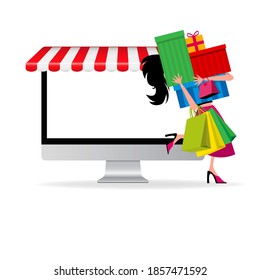 Vector illustration of monitor with tent and girl with bags on her hand and a bunch of gifts.
Vector illustration isolated on white background. EPS 10 Online store concept. Eps flat horizontal image.