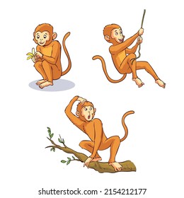 
vector illustration of a monkey in action. Some eat bananas, hang and climb trees.