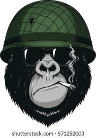 Vector illustration of a monkey American soldier smokes a cigarette in a helmet with 