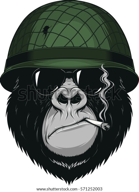 アメリカの猿の兵士がヘルメットにたばこを吸い込むベクターイラスト