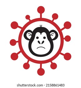 Vector illustration of monkey ape icon in red virus molecula- symbol of danger and alertness. Monkeypox 2022 virus concept in simple flat style isolated on white background.