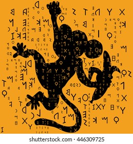 Vector illustration of the monkey with banana against the backdrop of the ancient Latin letters. Yellow and black colors. Monochrome pic.