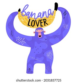 Vector illustration of monkey with banana fruit. Banana lover lettering phrase. Colored typography poster, print design with animal