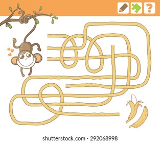 Vector Illustration. Monkey and bananas. Education Maze or Labyrinth Game for Children.