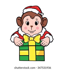 Vector illustration of monkey with big ears in a cap of Santa Claus with Christmas gift isolated on a white background. New Year's card with simple gradient. Chinese zodiac: year of monkey 2016