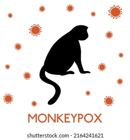 Vector illustration of monkey black silhouette and virus cells in flat style isolated on white background. Monkeypox virus disease concept