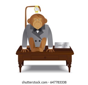 Vector illustration of a monkey businessman boss sitting on his dark executive timber table with a silver director plate and golden watch in on the tail isolated on white background