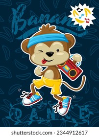 Vector illustration of monkey cartoon dancing with radio cassette player