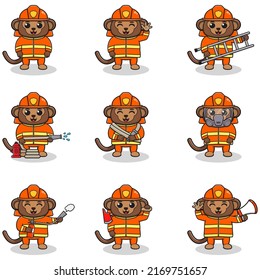Vector Illustration of Monkey cartoon with Firefighter costume. Set of cute Monkey characters. Collection of funny Monkey isolated on a white background.