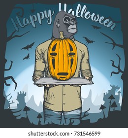 Vector illustration of monkey celebrating Halloween. Monkey with Halloween pumpkin