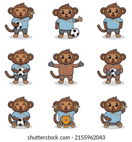 Vector illustration of Monkey characters playing soccer. Cute Monkey mascot playing football. Vector illustration bundle.