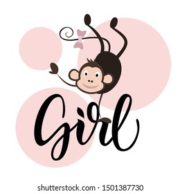 Vector illustration with a monkey. Cheerful monkey. Poster in the nursery. Hand lettering "Girl". Template for posters, textiles, cards and other uses.