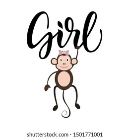 Vector illustration with a monkey. Cheerful monkey. Poster in the nursery. Hand lettering "Girl". Template for posters, textiles, cards and other uses.