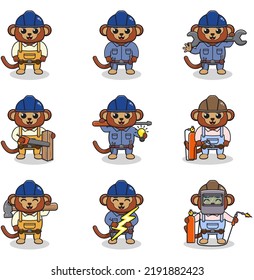 Vector illustration of Monkey Construction, builder, electrician, welder and handymen cartoon. Cute Monkey engineers workers, builders characters isolated cartoon illustration.