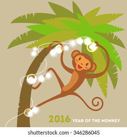 Vector illustration monkey decorating palm tree and garland 