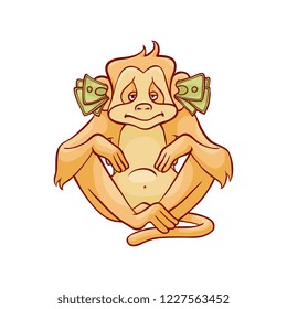 Vector illustration of monkey dont hear because of stack of green banknotes in his ears in sketch style isolated on white background - hand drawn wild animal with ears covered with money.