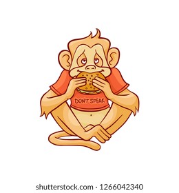 Vector illustration of monkey dont speak because eating big hamburger in sketch style isolated on white background - hand drawn wild animal with mouth closed with sandwich.