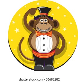 A vector illustration of a monkey dressed in a tux in a starry spotlight