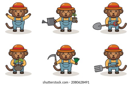 Vector illustration of Monkey farmer cartoon. Cute Monkey farmer character design with straw hat. Character flat design.