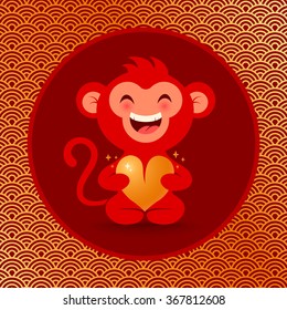 Vector illustration of a monkey with golden heart