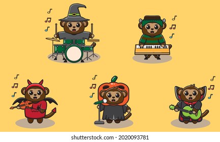 Vector illustration of Monkey Halloween. Monkey with costume play a musical instrument.