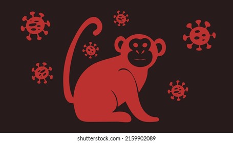 Vector illustration of monkey icon with virus cells. new Monkeypox 2022 virus - disease transmitted by monkey, ape in simple flat style isolated on white background