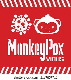Vector illustration of monkey icon with virus cells on a red background. new virus Monkeypox 2022 - a disease transmitted by monkeys