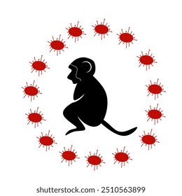 Vector illustration of monkey icon with virus cells on white background. new Monkeypox virus disease transmitted by monkey, ape in simple flat style isolated on white for digital media awarness