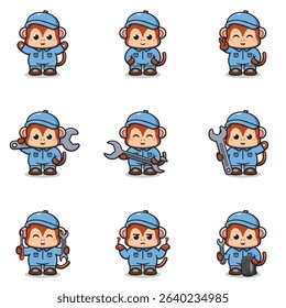 Vector Illustration of Monkey Mechanic Cartoon Character. Mechanic Character Vector Illustration. Monkey Character animal. Mechanic Mascot.