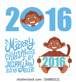 Vector illustration of monkey on blue background. New Year card with Monkey for year 2016. Merry Christmas text.