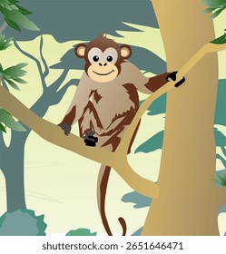 Vector illustration of a monkey on a tree branch in the forest