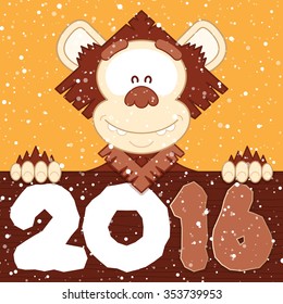 Vector illustration. A monkey peeps out from a wooden wall. Symbol 2016 year "Monkey" on the yellow background. Funny illustration for calendars, postcards, posters and flyers. Merry Christmas!