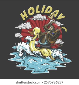 vector illustration of a monkey riding a duck scooter on the ocean waves