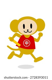 Vektorgrafik eines Affen, der mit einem Schlagstock läuft. Tierkreisrennen im Staffellauf. Jahr des Affen. Die chinesische Schrift bedeutet "Affe".
