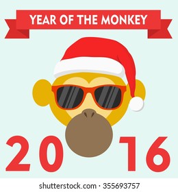 Vector illustration of monkey in santa hat and glasses, symbol of 2016.