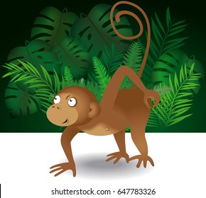 Vector illustration of a monkey scratching its bottom with a jungle plants textured background