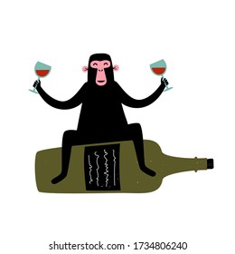 Vector illustration with monkey sitting on green bottle with glasses of red wine. Funny print design with animal, bar menu decoration, wall poster for cafe and restaurants