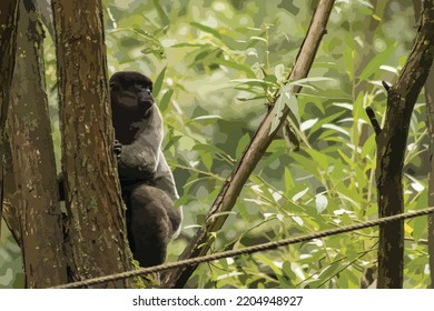 Vector illustration of a monkey sitting on a tree trunk. Monkeys in treetops. Leaves, trees. Primates, monkeys. Mostly green vector background with dark monkey. Nature, monkeys, environment.