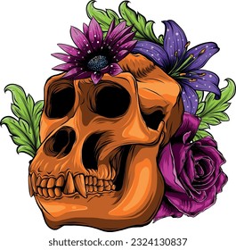 vector illustration of monkey skull with flower