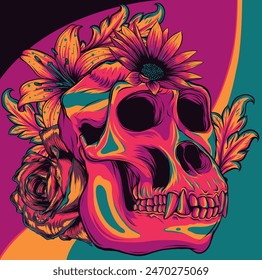 vector illustration of monkey skull with flower