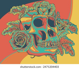 vector illustration of monkey skull with roses