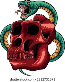 vector illustration of monkey skull with snake around