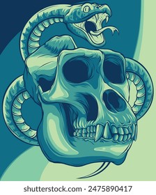 vector illustration of monkey skull with snake around