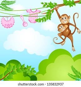 vector illustration of monkey swinging with kid in baby shower background