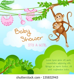 vector illustration of monkey swinging with kid in baby shower background