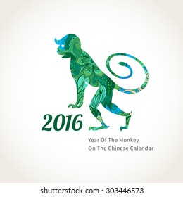 Vector illustration of monkey, symbol of 2016 on the Chinese calendar. Silhouette of smiling monkey, decorated with floral patterns. Vector element for New Year's design. Image of 2016 year of Monkey.