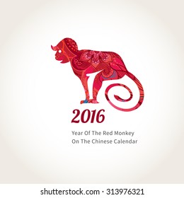 Vector illustration of monkey, symbol of 2016 on the Chinese calendar. Silhouette of smiling monkey, decorated floral patterns. Vector element for New Year's design. Image of 2016 year of Red Monkey.