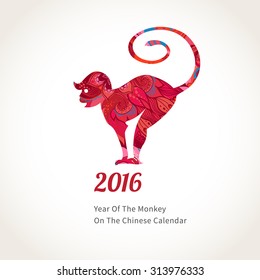 Vector illustration of monkey, symbol of 2016 on the Chinese calendar. Silhouette of smiling monkey, decorated floral patterns. Vector element for New Year's design. Image of 2016 year of Red Monkey.